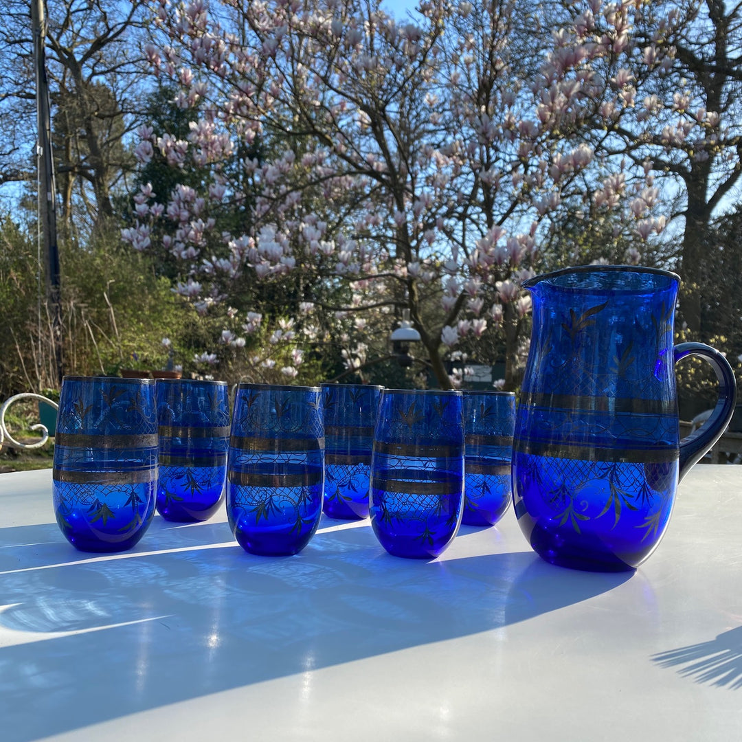 Blue Bohemian Glass Jug and Highballs