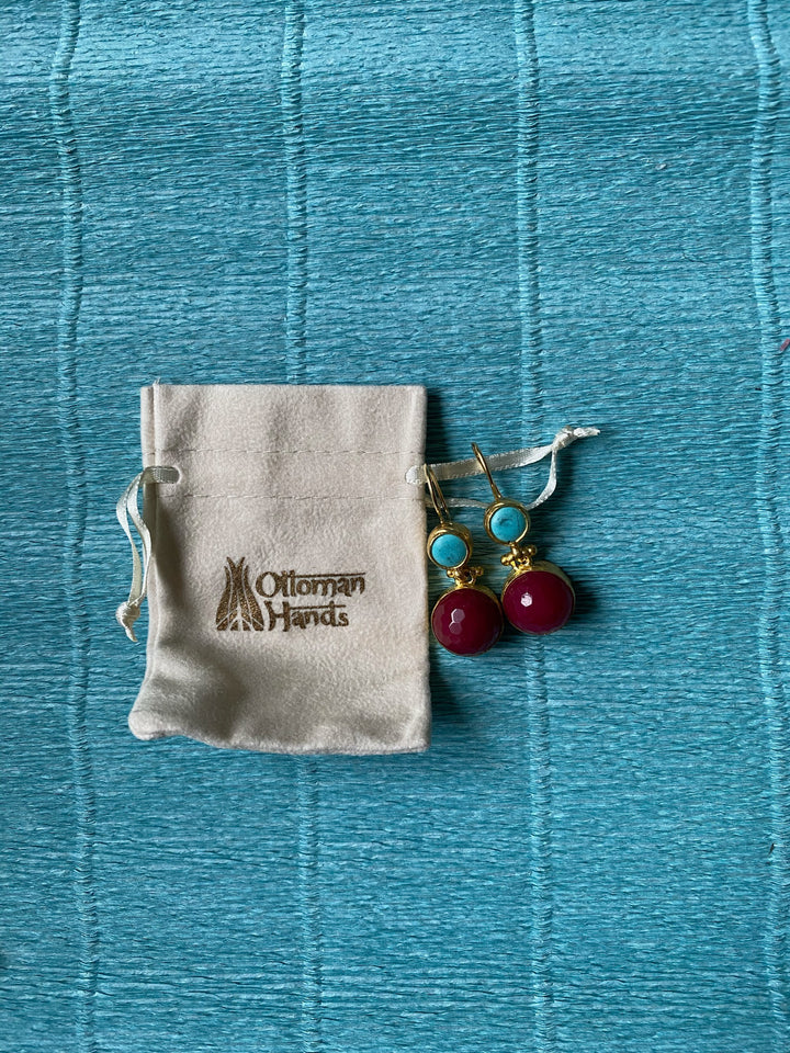 Ottoman Hands Turquoise &amp; Red Agate Drop Earrings