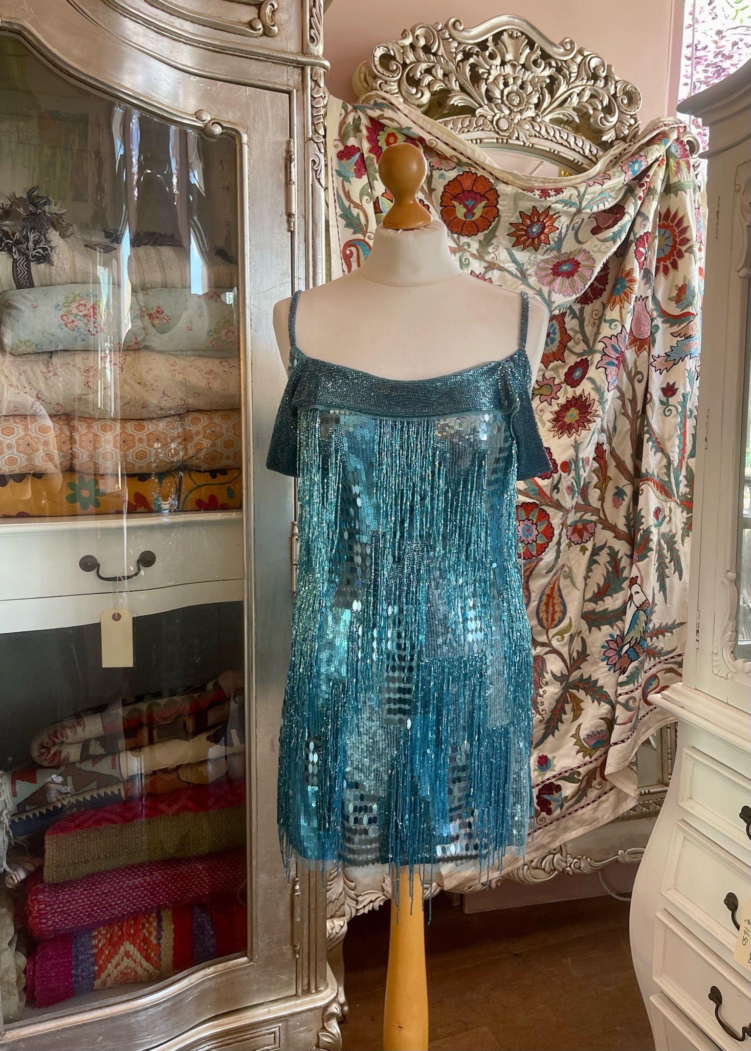 Blue Metallic Beaded Cocktail Dress