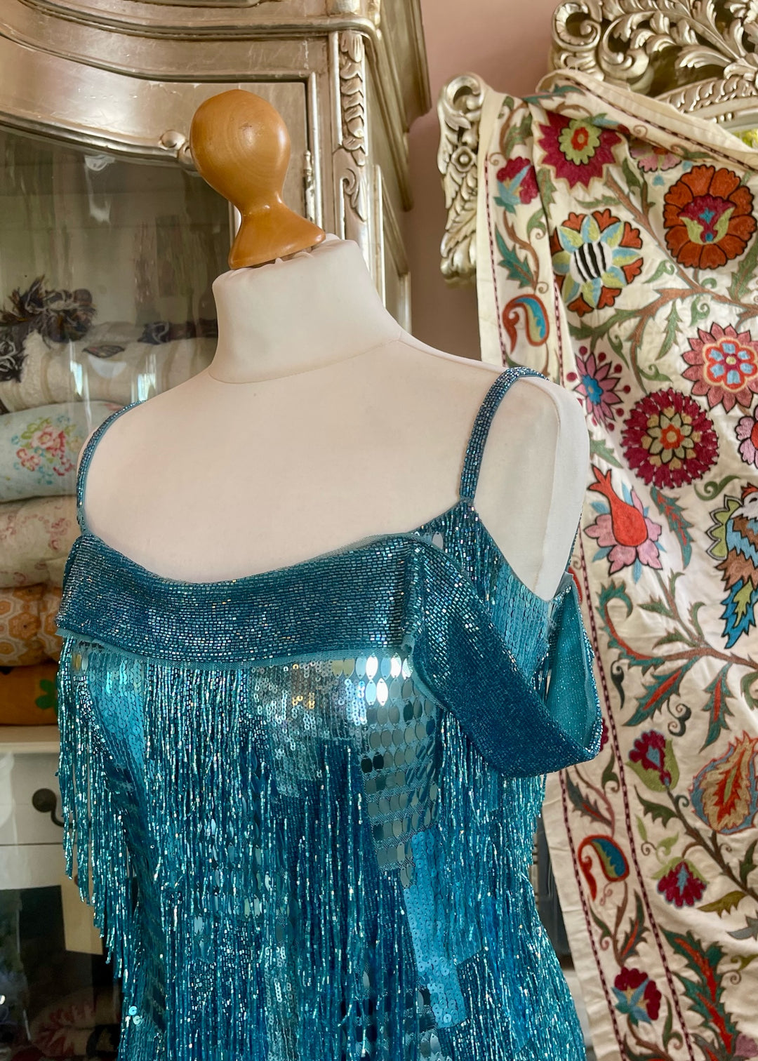 Blue Metallic Beaded Cocktail Dress
