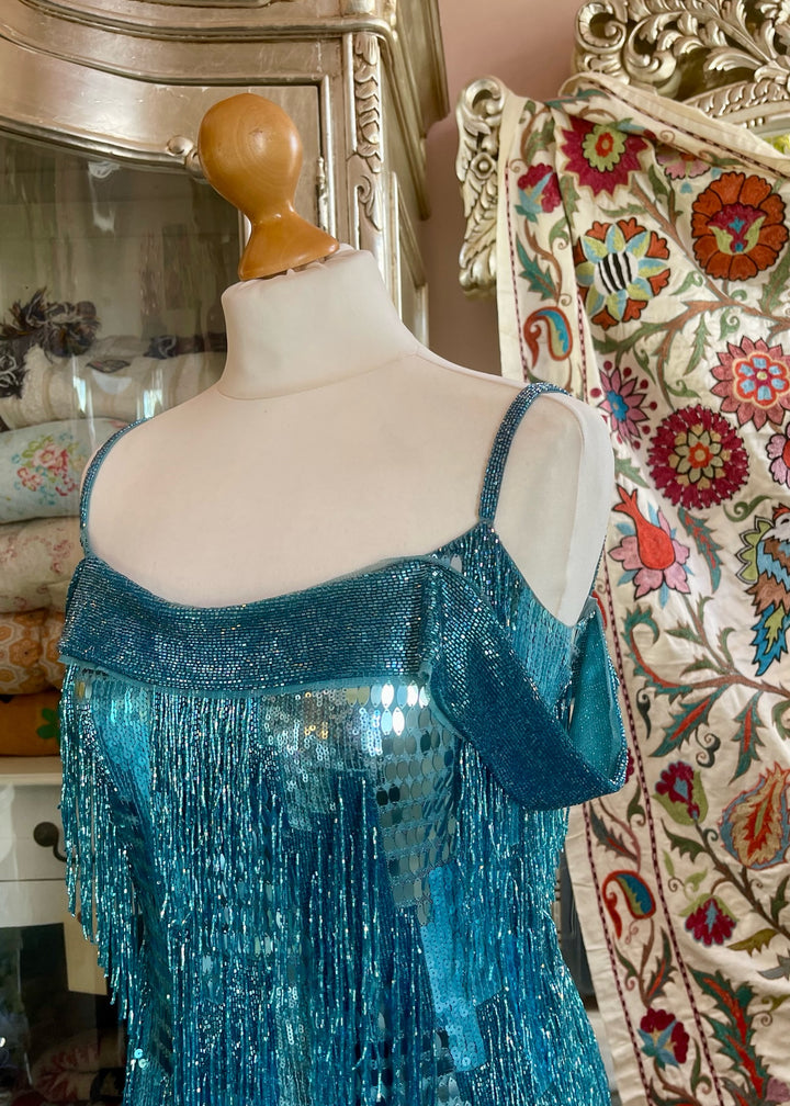 Blue Metallic Beaded Cocktail Dress