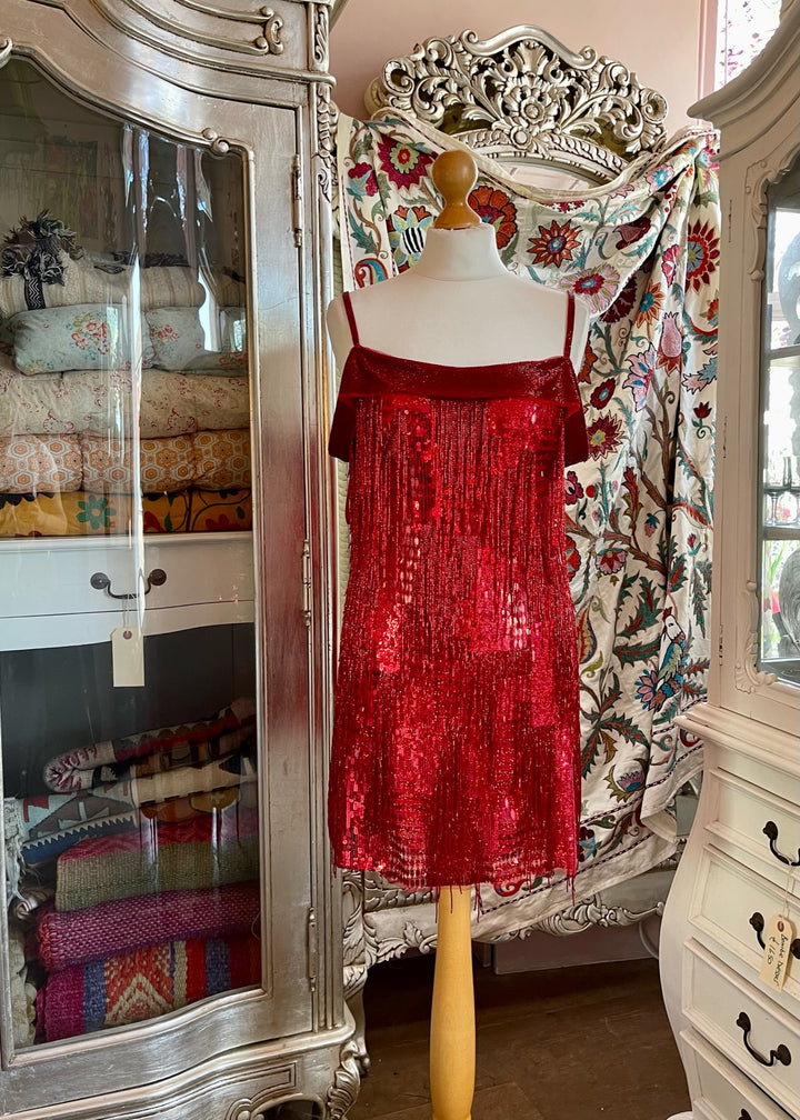 Red Metallic Beaded Cocktail Dress