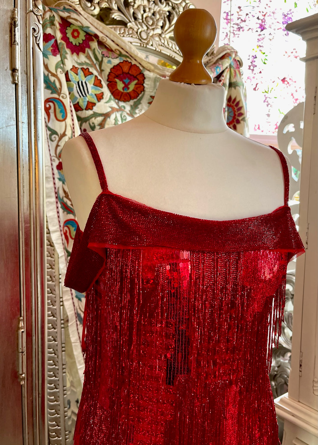 Red Metallic Beaded Cocktail Dress