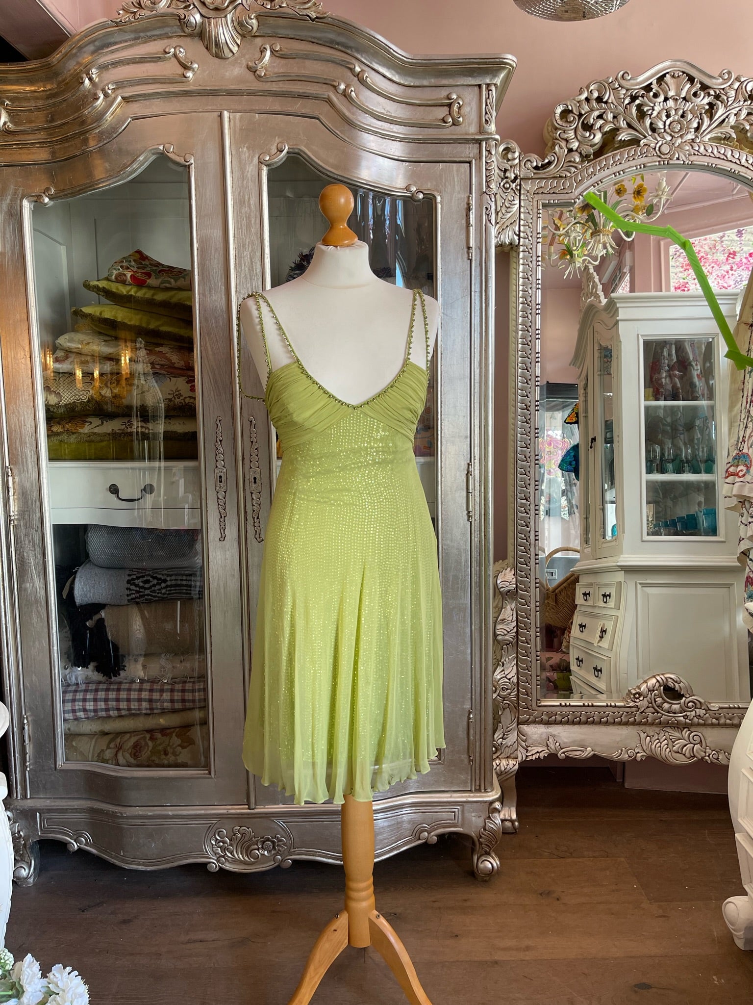 Lime Sequin Chiffon Mini Dress