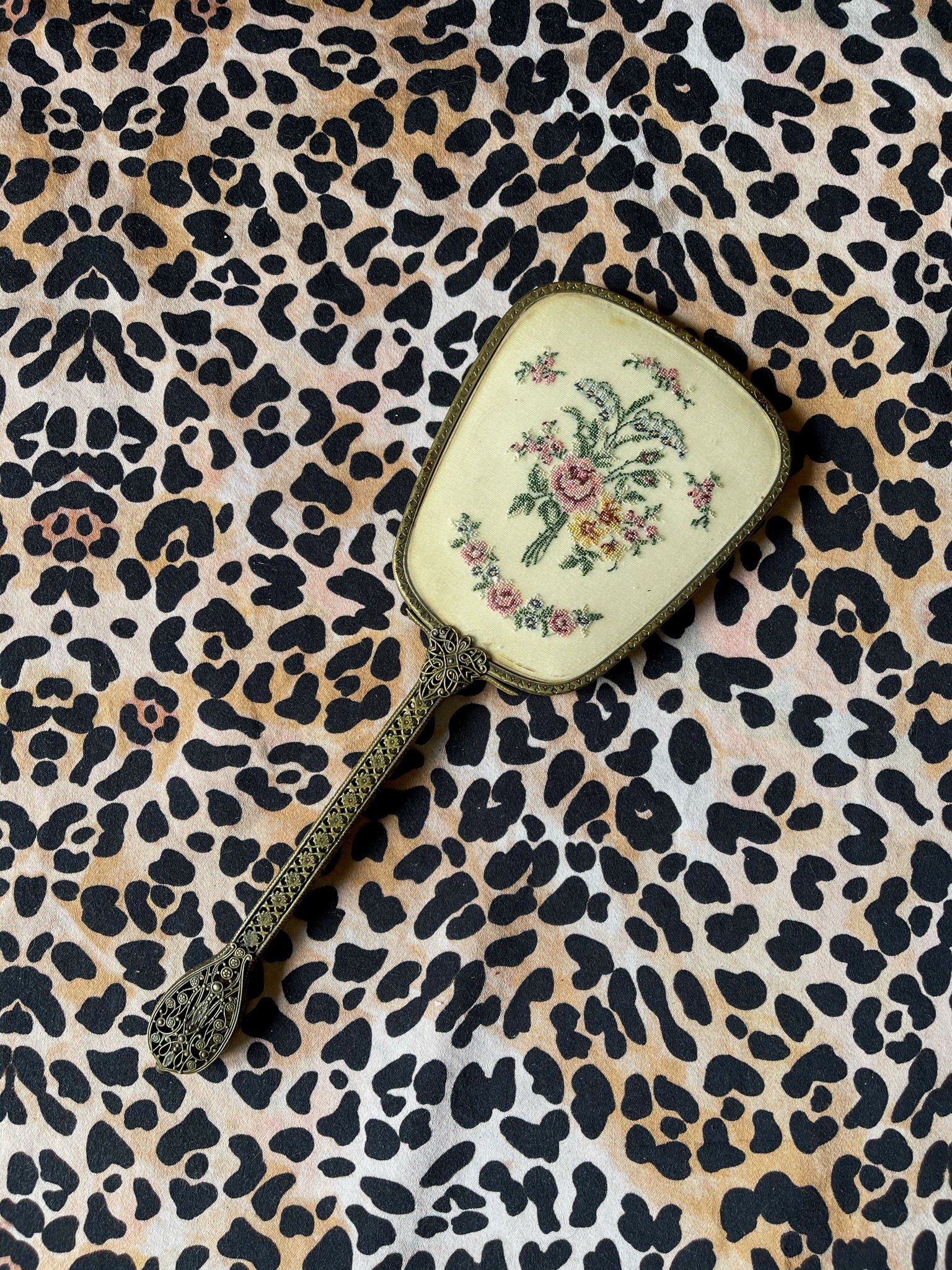 Vintage Embroidered Petit Point Hand Mirror