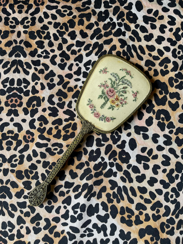 Vintage Embroidered Petit Point Hand Mirror