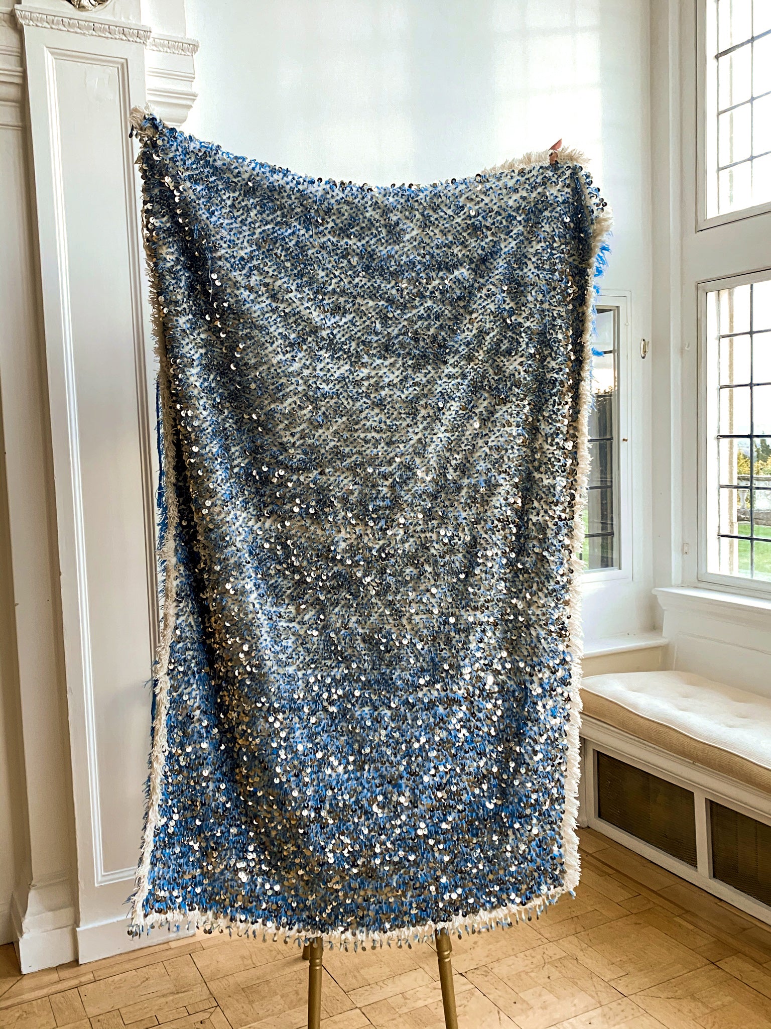 Blue Handira Heavy Silver Embellished Moroccan Wedding Blanket