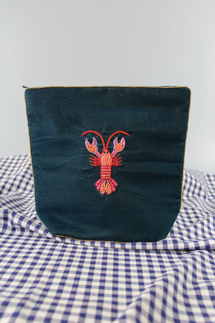 Velvet Beaded Ocean Teal Lobster Make Up Bag