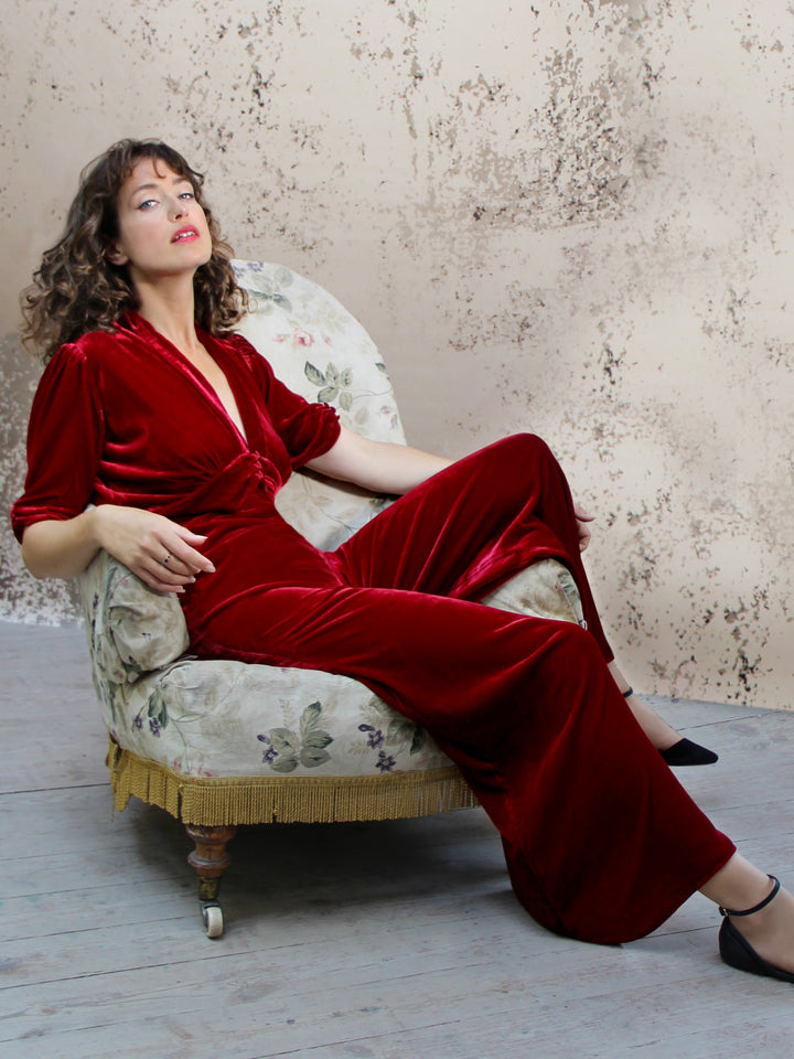 Sable Jumpsuit Silk Velvet - Deep Red