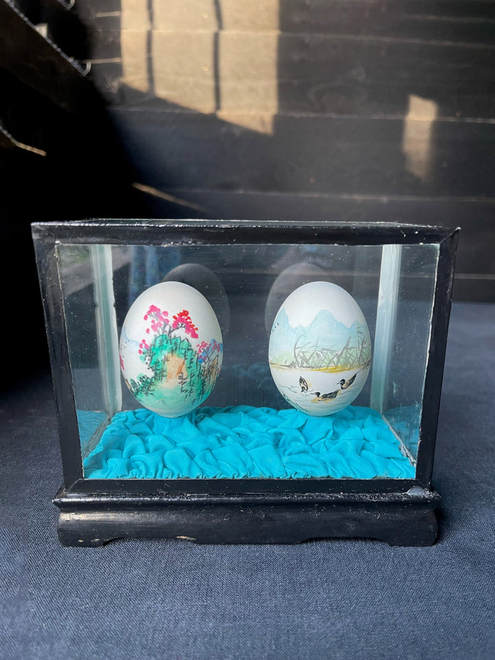 Pair of Vintage Chinese Painted Eggs - Ducks on the River