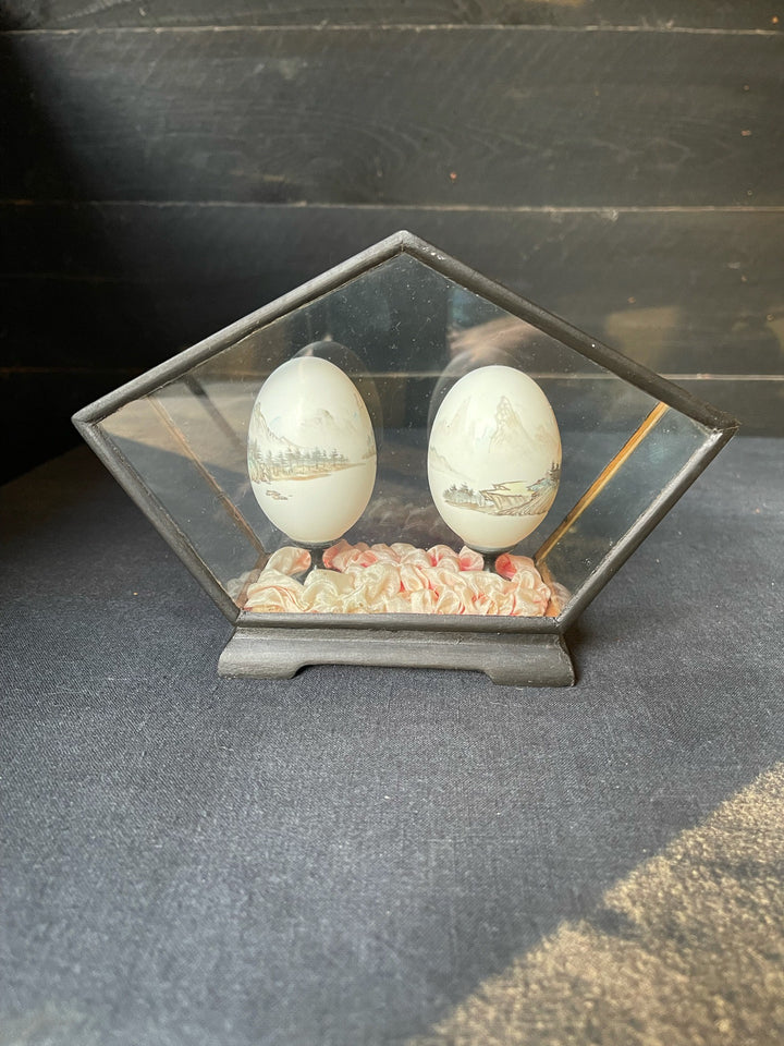 Pair of Vintage Chinese Painted Eggs in a Pentagon Case - Landscapes