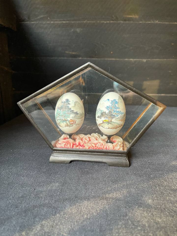 Pair of Vintage Chinese Painted Eggs in a Pentagon Case - Landscapes
