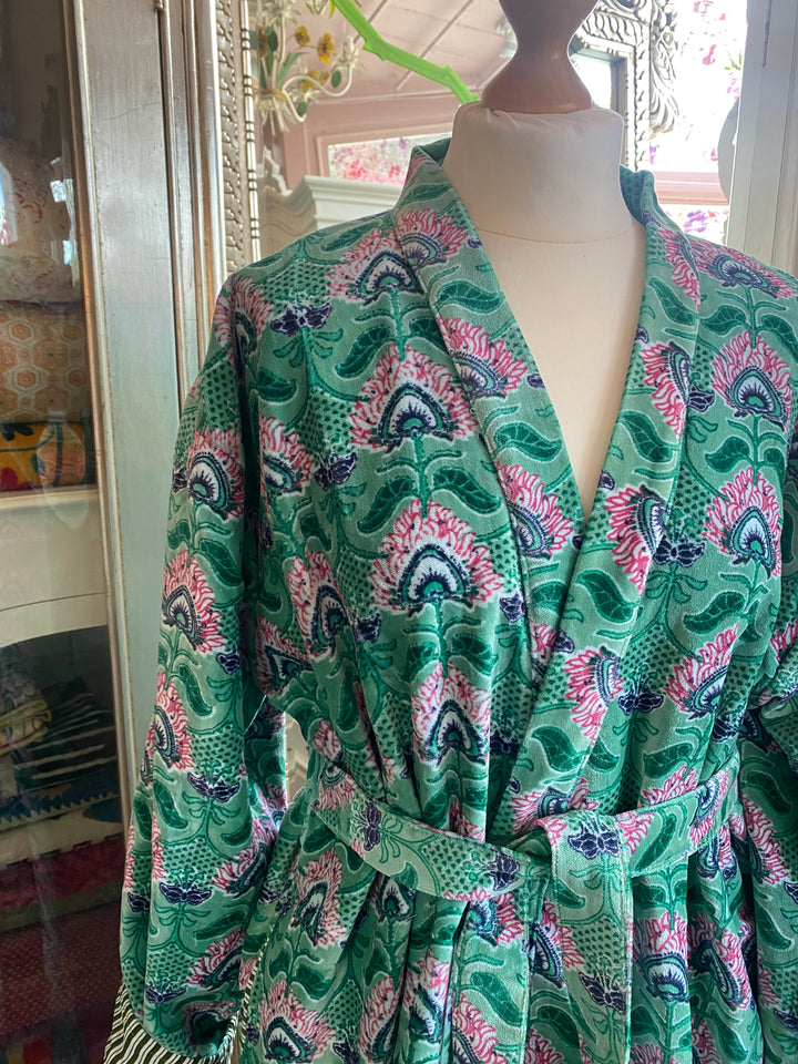 Peacock Print Turquoise Velvet Dressing Gown