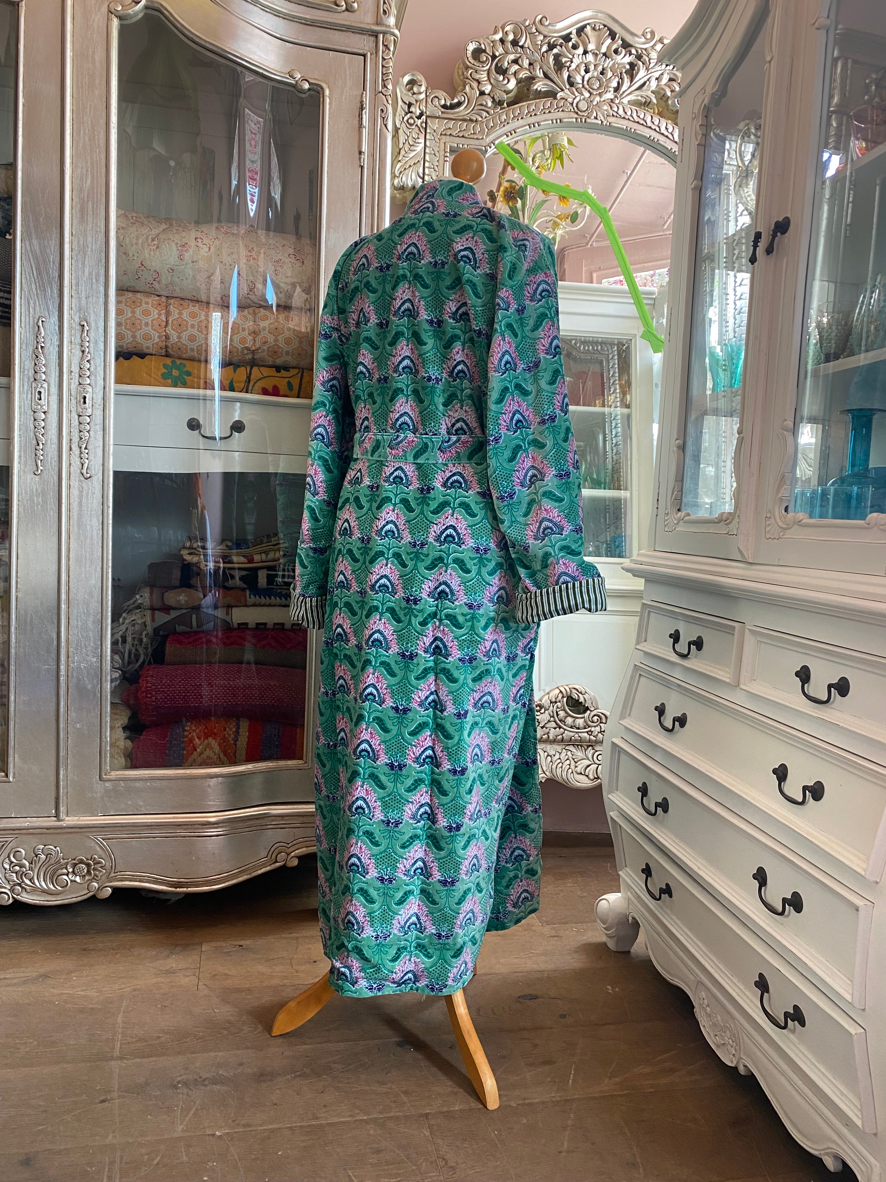 Peacock Print Turquoise Velvet Dressing Gown