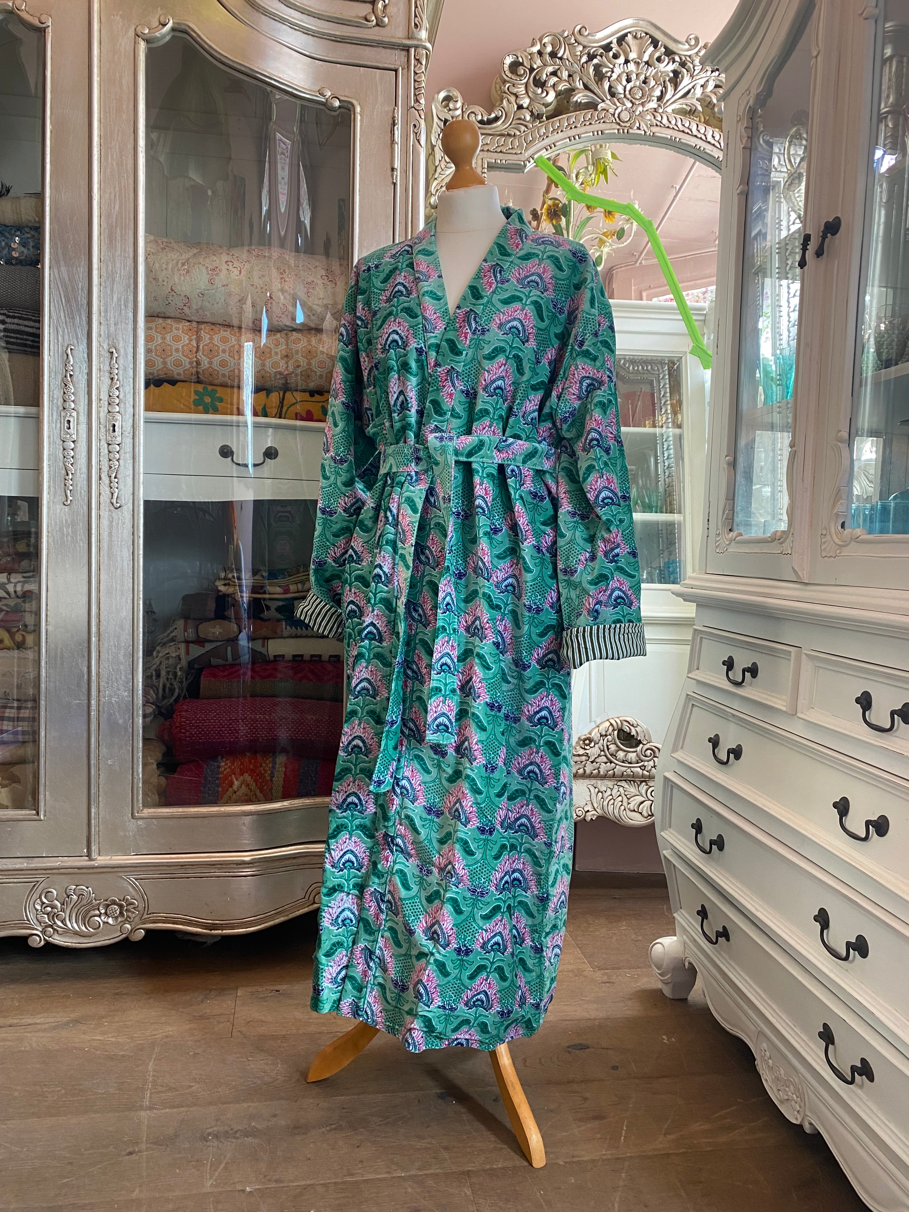 Peacock Print Turquoise Velvet Dressing Gown
