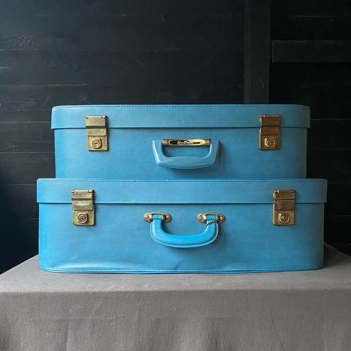 Vintage 1950s Pair of Blue Buffalo Suitcases
