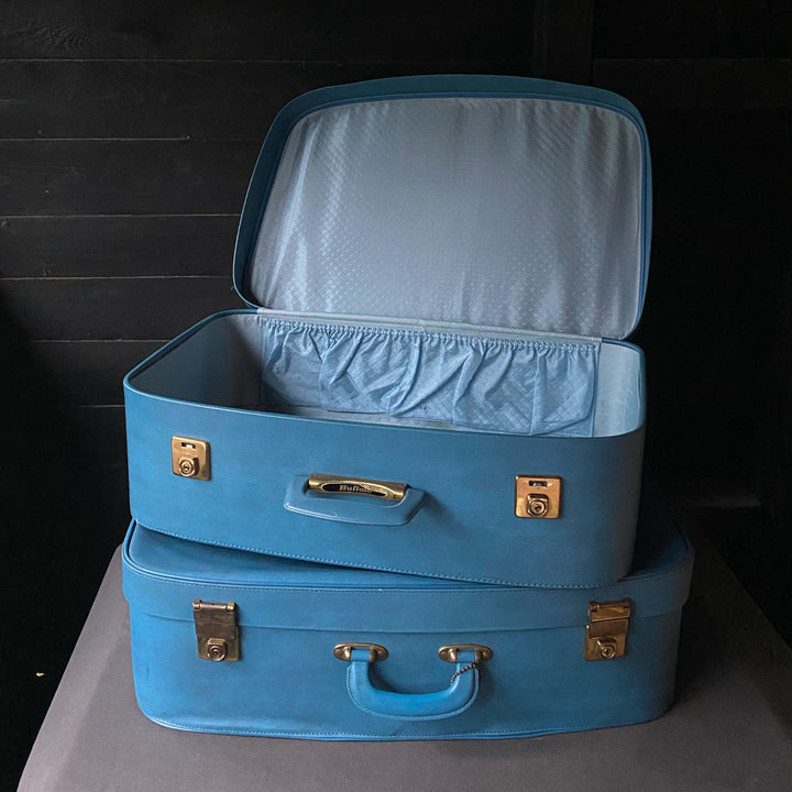 Vintage 1950s Pair of Blue Buffalo Suitcases
