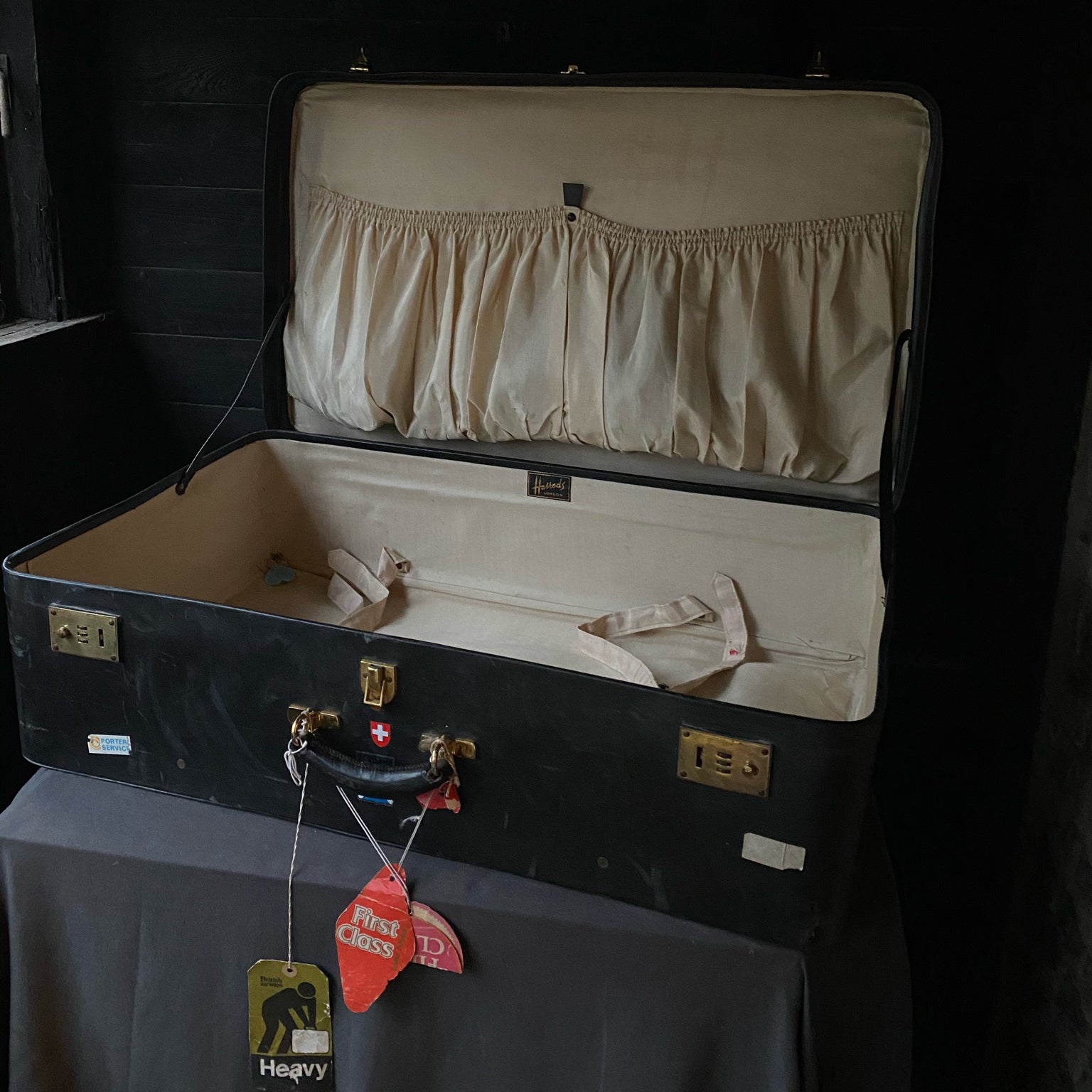 Huge Vintage Harrods Black Leather Suitcase