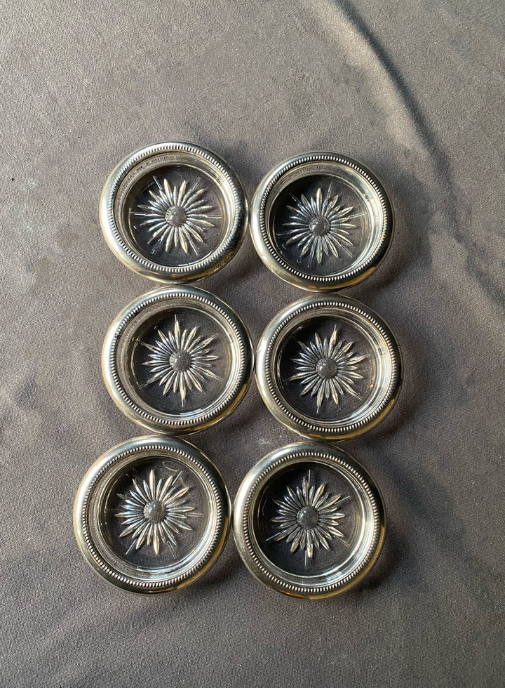 Set of Six Italian Glass &amp; Silver Wine Coasters