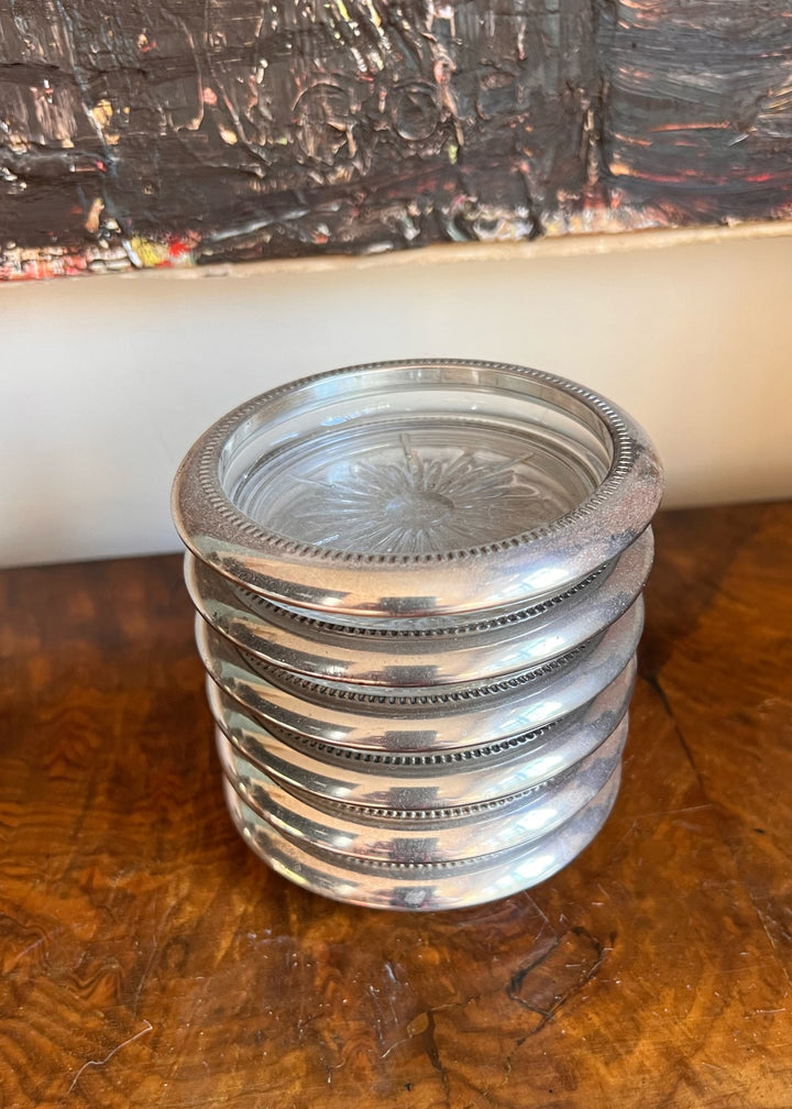 Set of Six Italian Glass &amp; Silver Wine Coasters