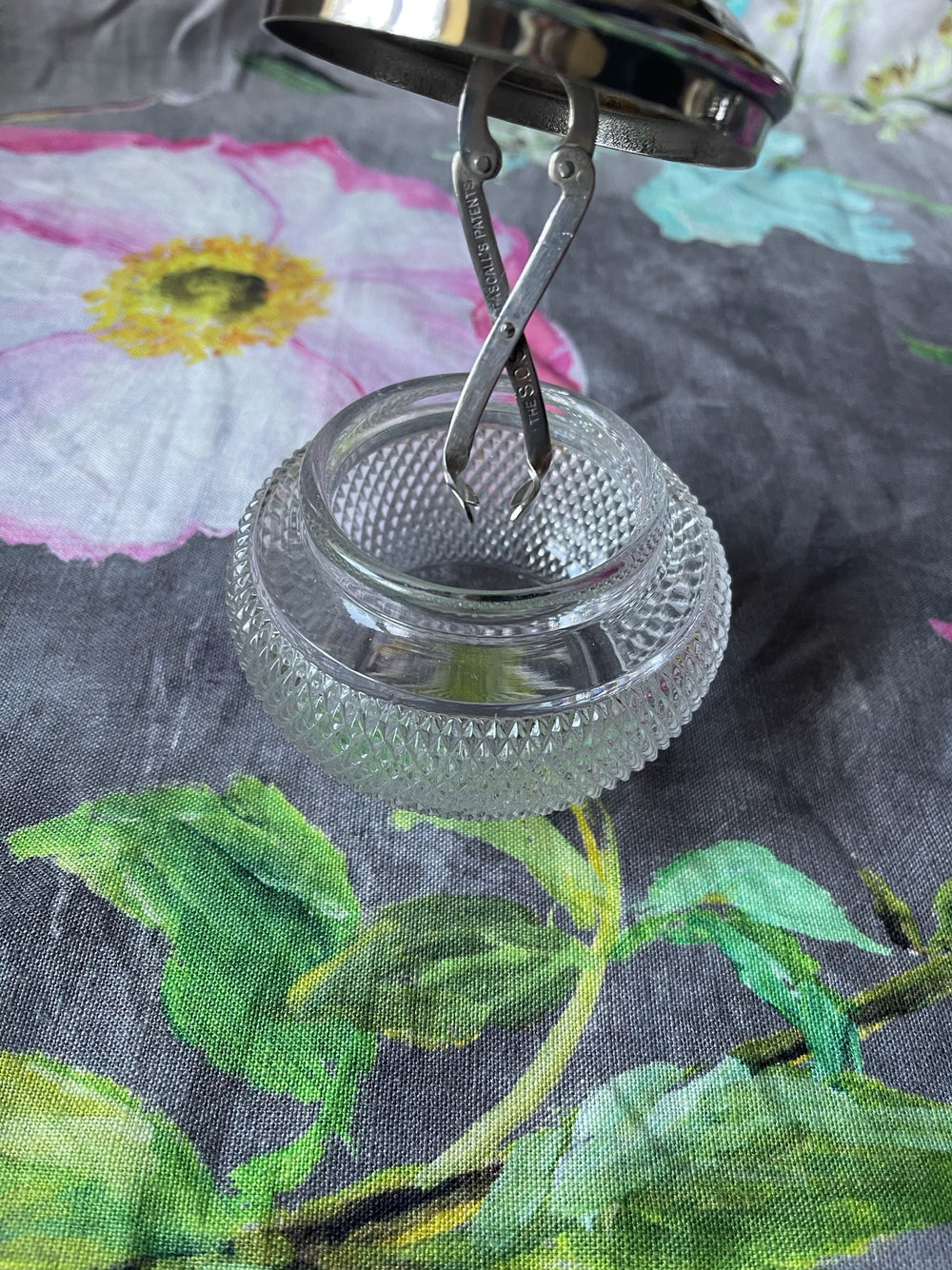 Vintage Silver & Glass Sugar Cube Pot with Tongs