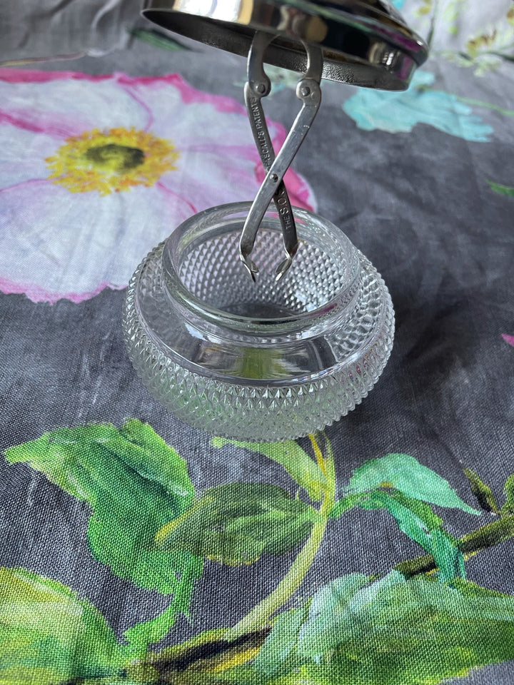 Vintage Silver &amp; Glass Sugar Cube Pot with Tongs