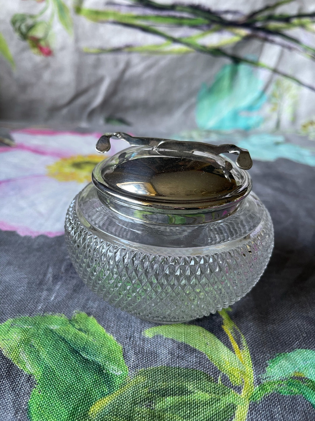 Vintage Silver &amp; Glass Sugar Cube Pot with Tongs