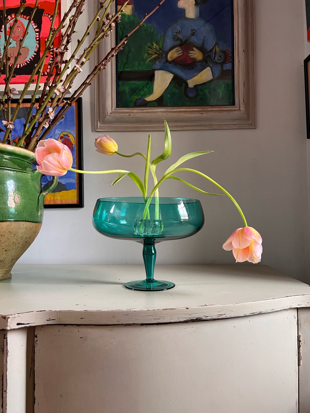 Teal Studio Glass Pedestal Vase