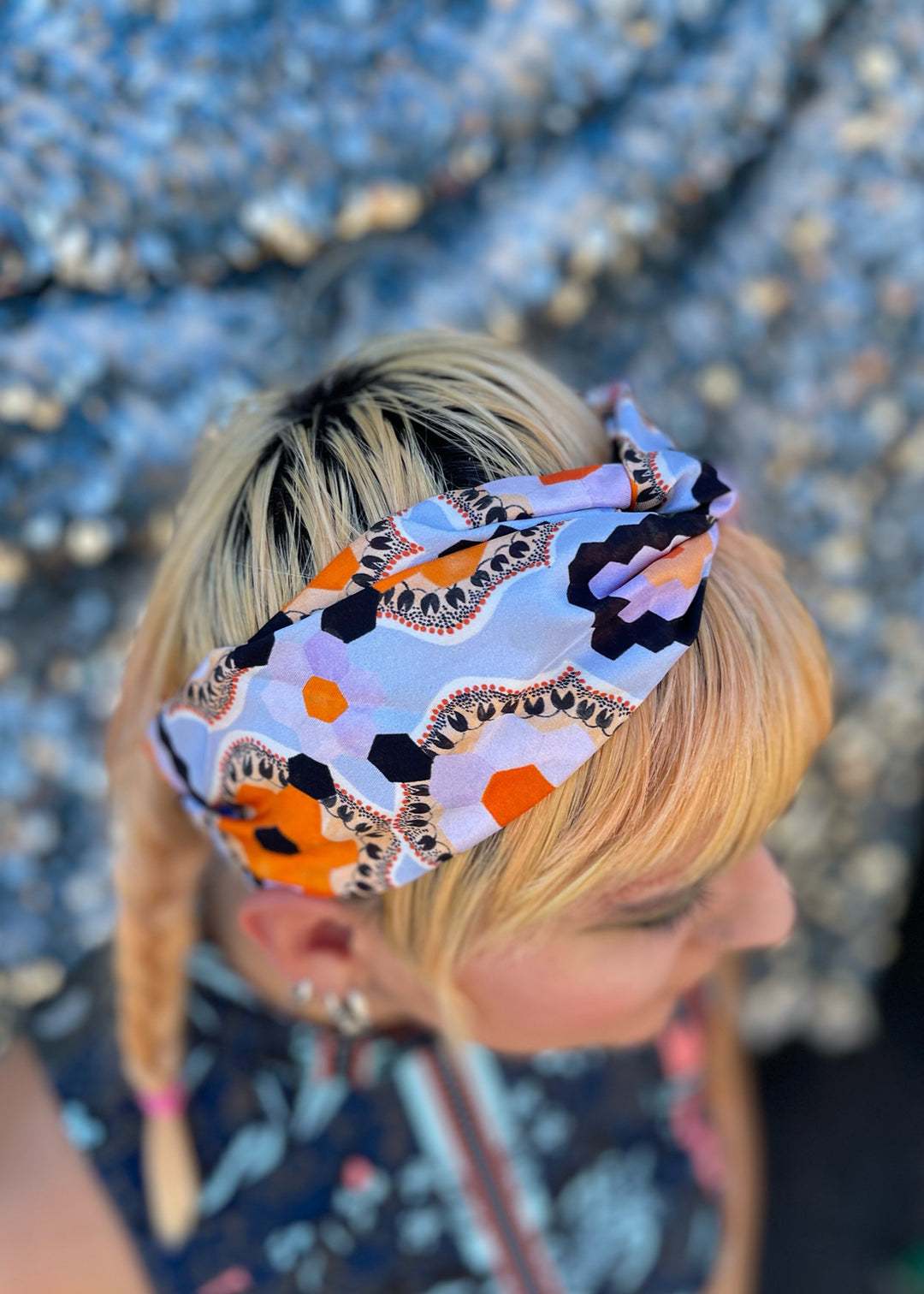 Faded Denim Crochet Print Headscarf Temperley London