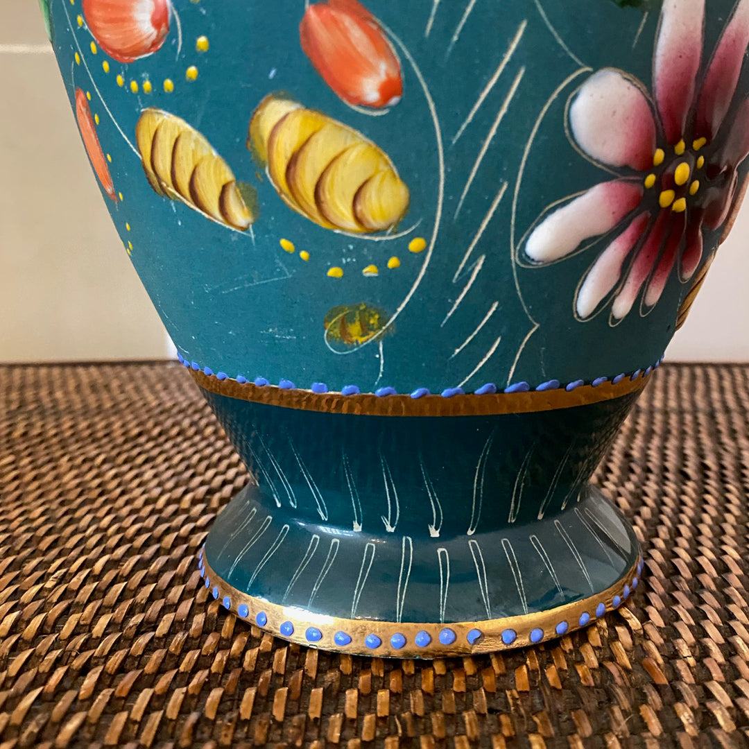 Pair of H. Bequet Teal Hand-painted Vases Quaregnon Belgium