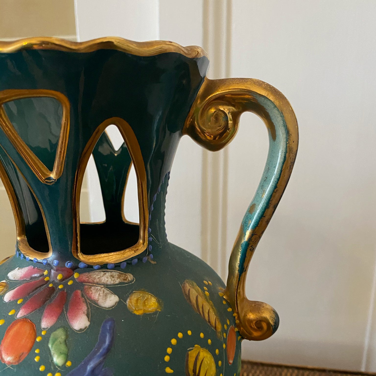 Pair of H. Bequet Teal Hand-painted Vases Quaregnon Belgium