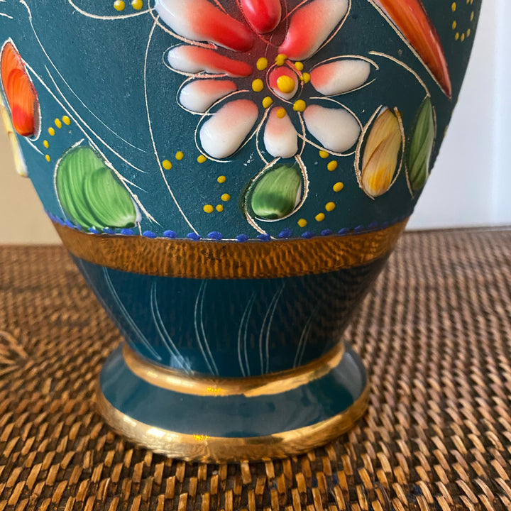 Pair of H. Bequet Teal Hand-painted Vases Quaregnon Belgium