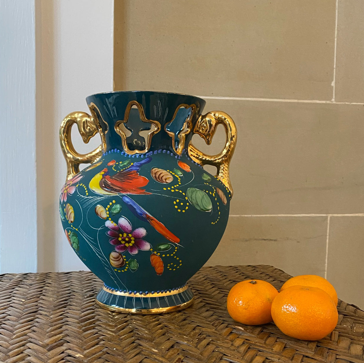 Short H. Bequet Teal Hand-painted Vase Quaregnon Belgium