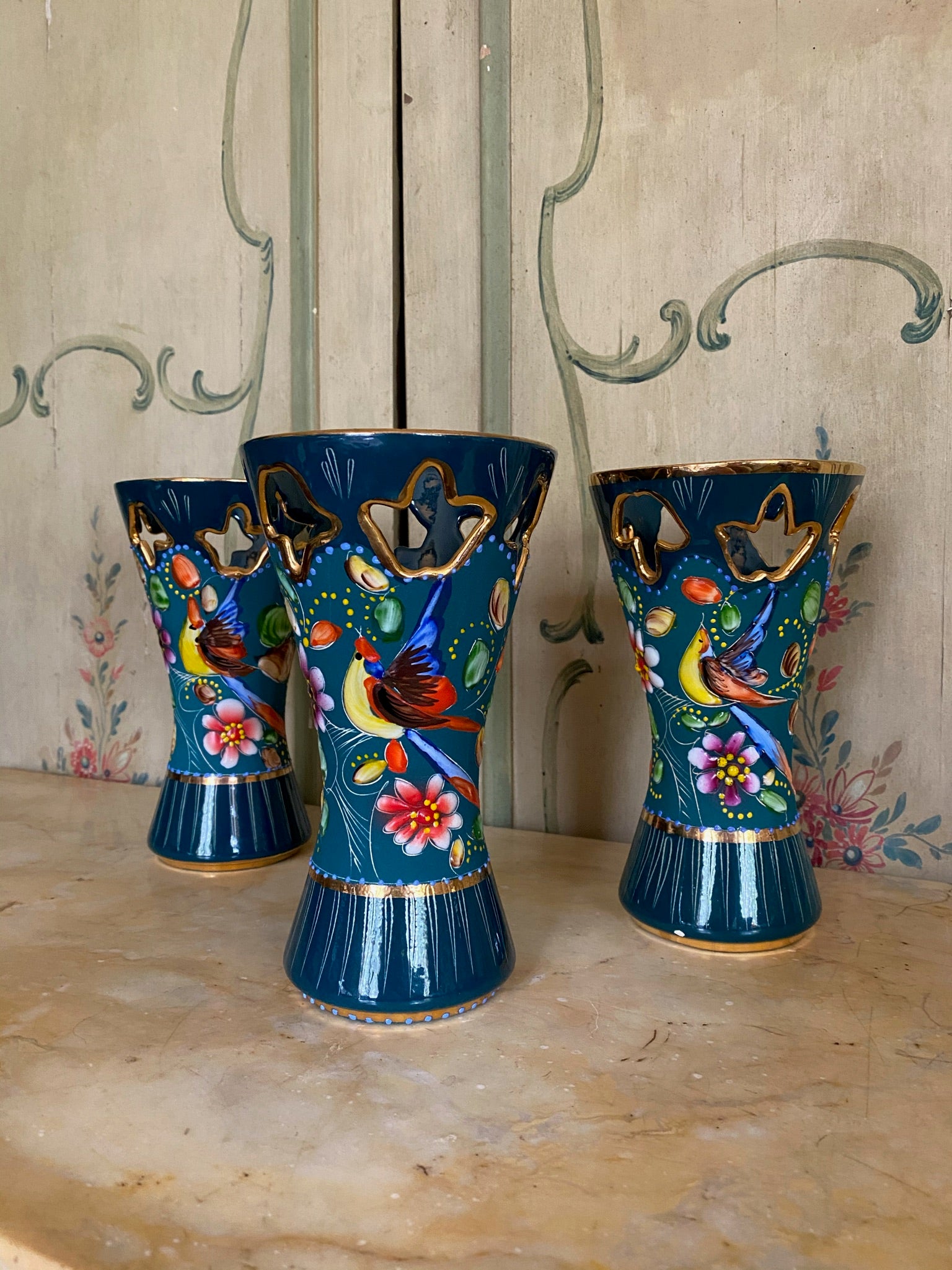 Trio of Hand-painted H. Bequet Column Vases