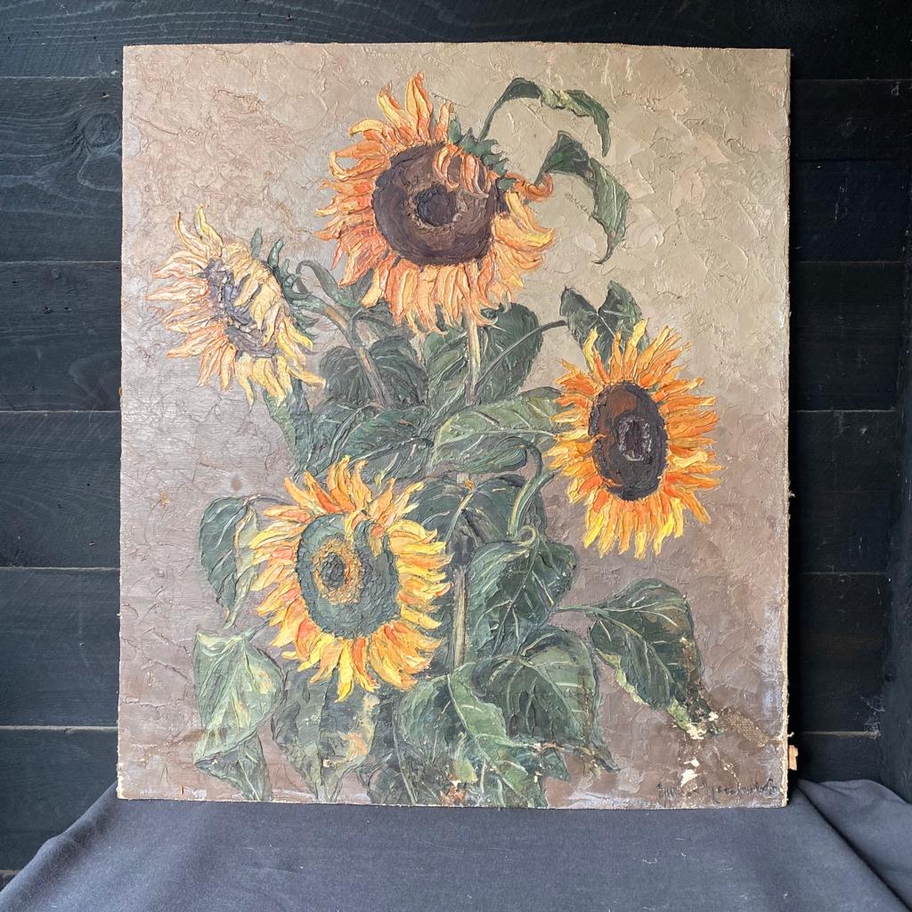 Sunflower Oil Painting on Canvas on Board Still Life