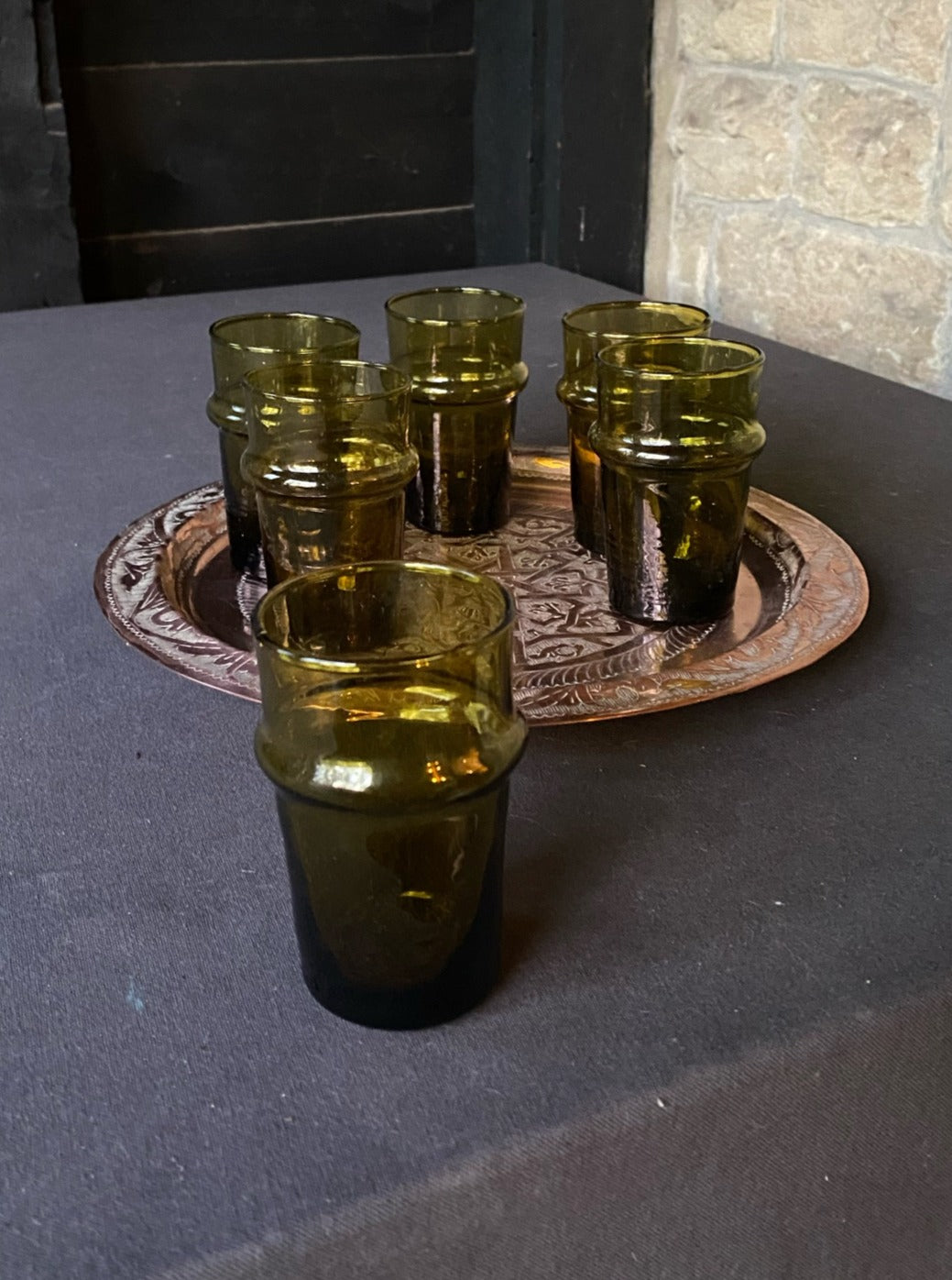 Set of Six Olive Green Moroccan Tea Glasses