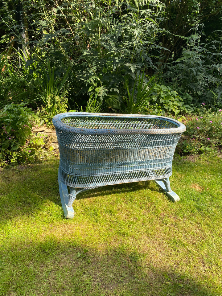 Vintage Blue Rattan Baby Cradle with Rockers