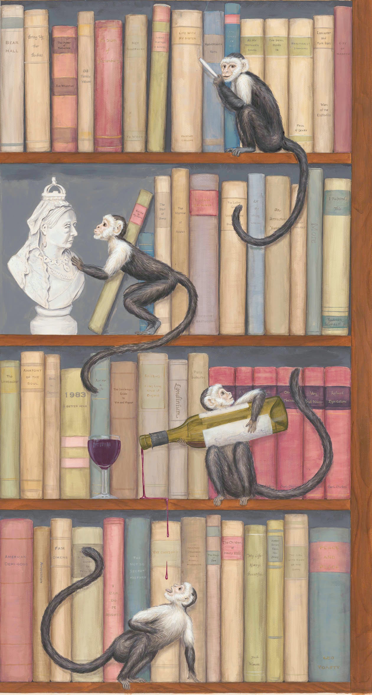 Cheeky Monkeys in the Library Wallpaper by Frederick Wimsett