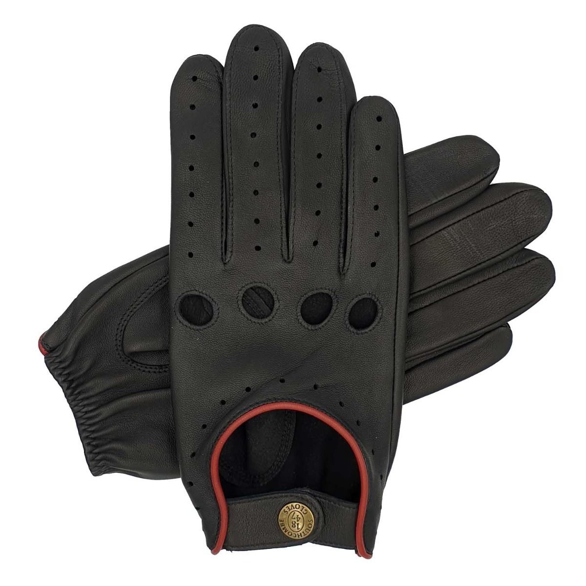 Southcombe Cooper Black & Red Leather Mens Driving Gloves