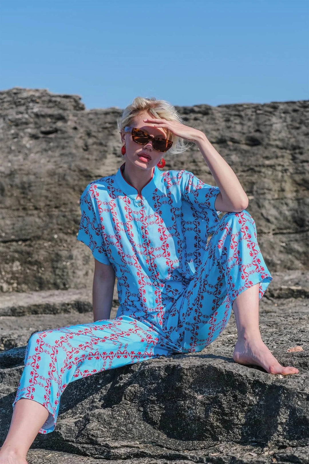 Coral Nehru Vegan Silk Pyjama Set