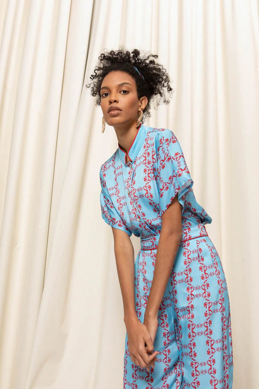 Coral Nehru Vegan Silk Pyjama Set