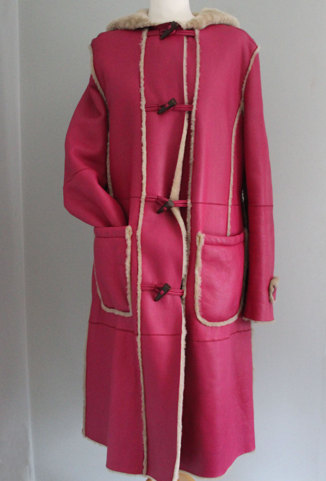 Escada Sport 1980's Magenta Shearling Long Duffle Coat