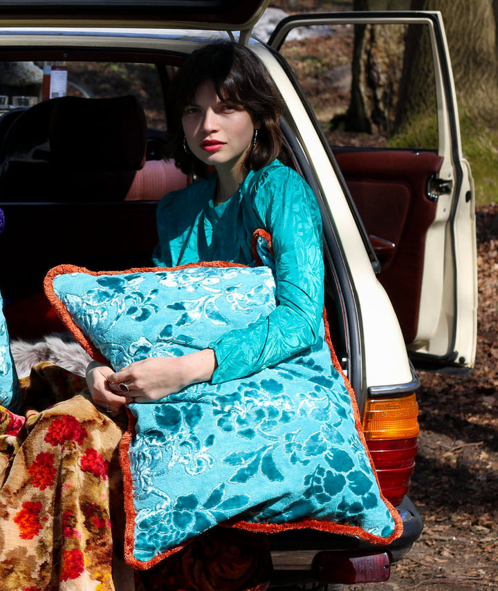 Turquoise Cut Ruche Edge Cushion